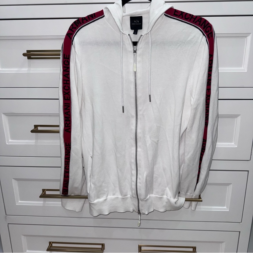 Armani Exchange Mens Zip Up Hoodie White & Red AX Arm Stripe Logo Sweater Medium - Picture 4 of 7
